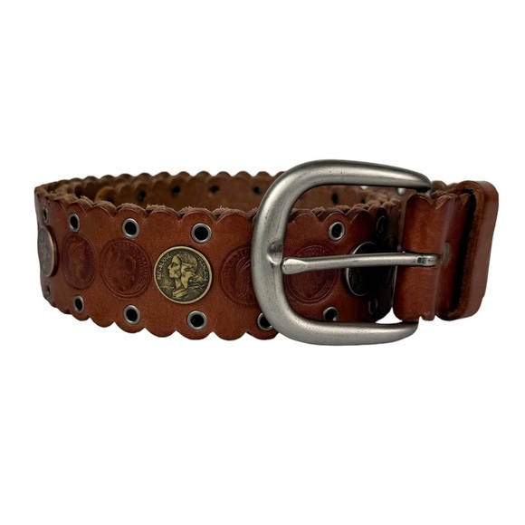Fossil Brown Leather French Coin Grommet Belt Sz Large Boho Western main image 8